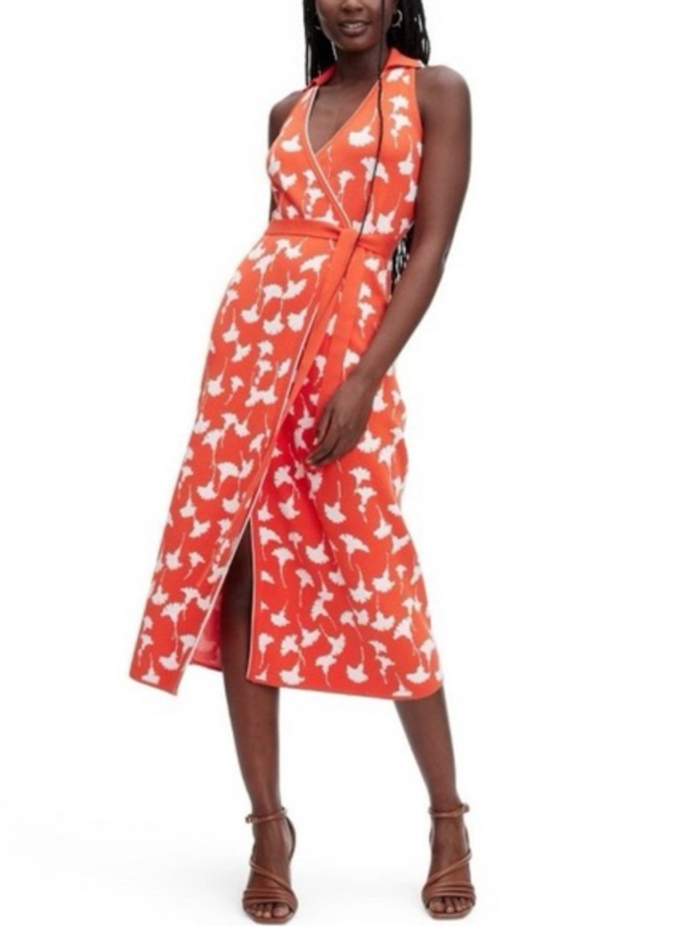 Diane Von Furstenberg Orange and White Floral Wrap Midi Dress